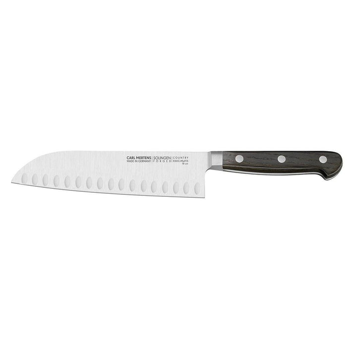 Carl Mertens Country 7″ Hollow Edge Santoku Knife displayed horizontally on a white background