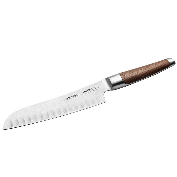 Carl Mertens Foreman 7″ Hollow Edge Santoku Knife displayed on a white background
