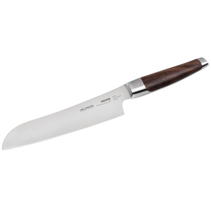 7 inch Carl Mertens foreman santoku knife displayed on a white background