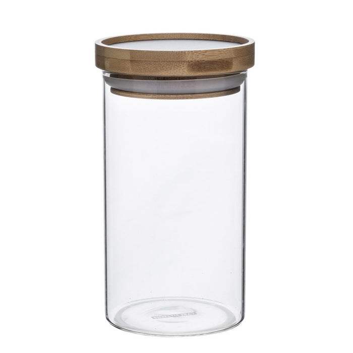 Glass jar storage container with wooden lid on a white background