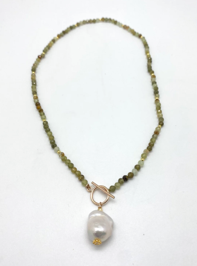 Carol Necklace, featuring Moss Garnet stones + Baroque Pearl