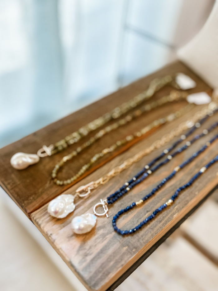 Carol Necklace, featuring Moss Garnet stones + Baroque Pearl