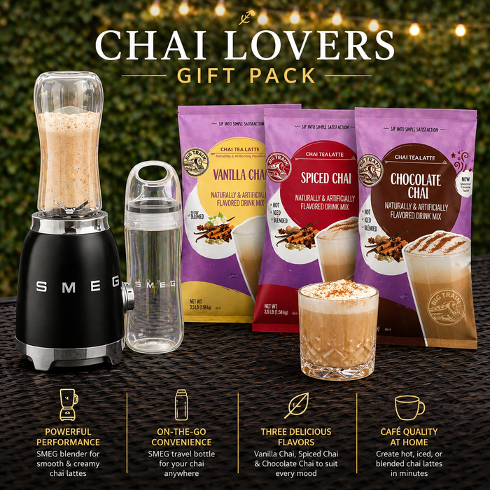 Chai Lovers gift pack with blender, travel bottle, and chai latte packages on a dark surface.
