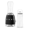 Smeg compact personal blender with a black base and clear bottles, showcasing the product's design and style.