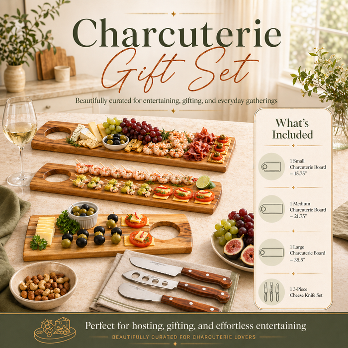 Charcuterie gift set with wooden boards, knives, and food on a table. Including on small, one large and one medium charcuterie board and a 3 piece cheese knife set
