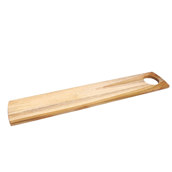 Wooden serving board with handle on a white background