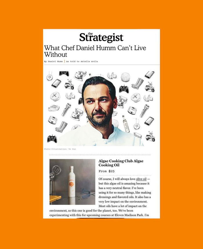 Magazine cover featuring Chef Daniel Humm with a focus on Algae Cooking Club Algae Cooking Oil.
