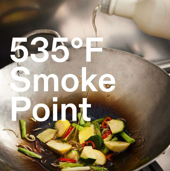 Wok with vegetables being cooked and oil being poured, with text '535°F Smoke Point'.