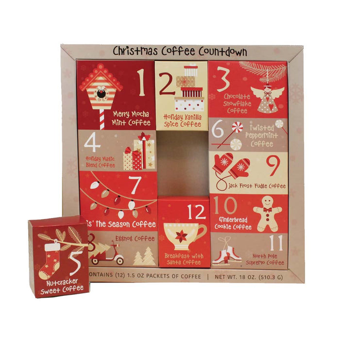 Christmas coffee countdown calendar with various coffee flavors on a white background