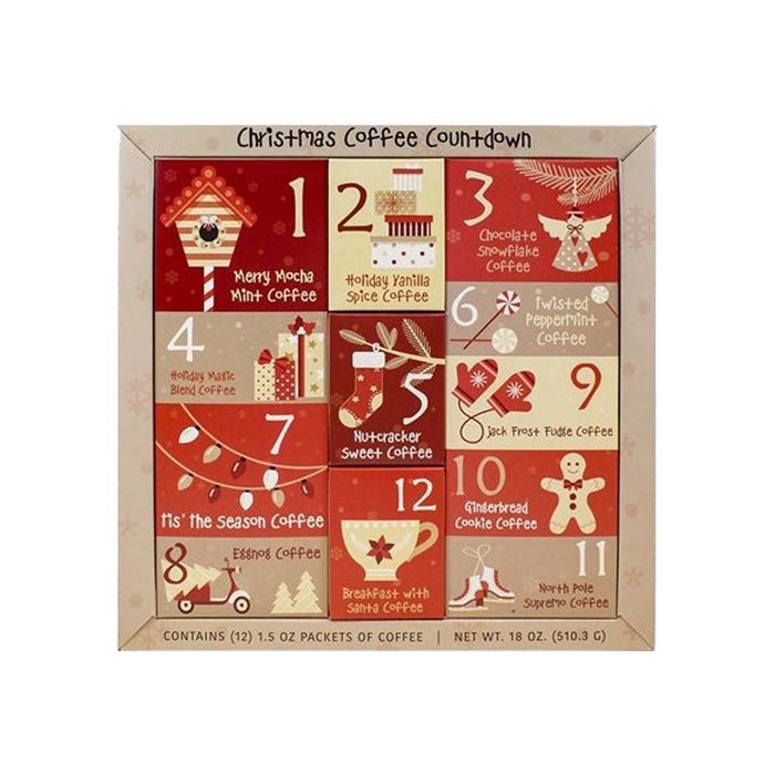 Christmas coffee countdown calendar with various coffee flavors on a white background