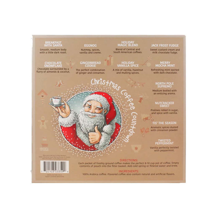 Back cover of Christmas coffee countdown calendar with various coffee flavors on a white background