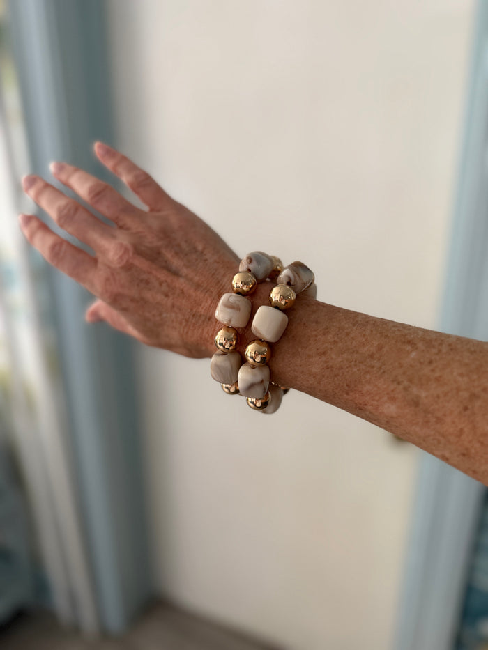 Chunky Marbled Square + Gold Ball Bracelet Set