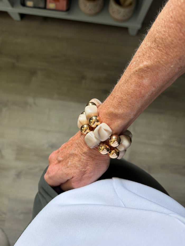 Chunky Marbled Square + Gold Ball Bracelet Set
