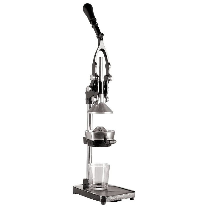 Frieling black Cilio juicer extractor and juice press with an empty cup displayed on a white background
