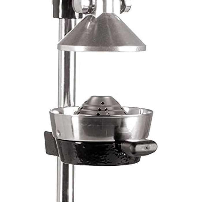 Close up of a juice press displayed on a white background
