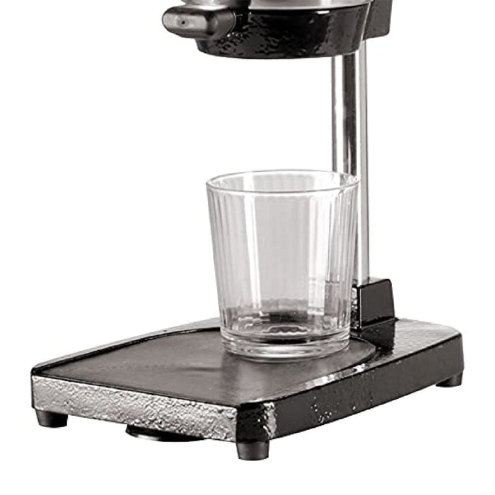Close up of clear cup on stand displayed on a white background