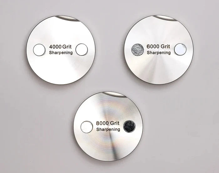 4000, 6000, and 8000 Grit Sharpening attachments on a light grey background