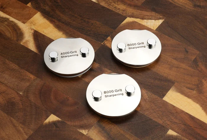 4000, 6000, and 8000 Grit Sharpening sitting on a wooden surface