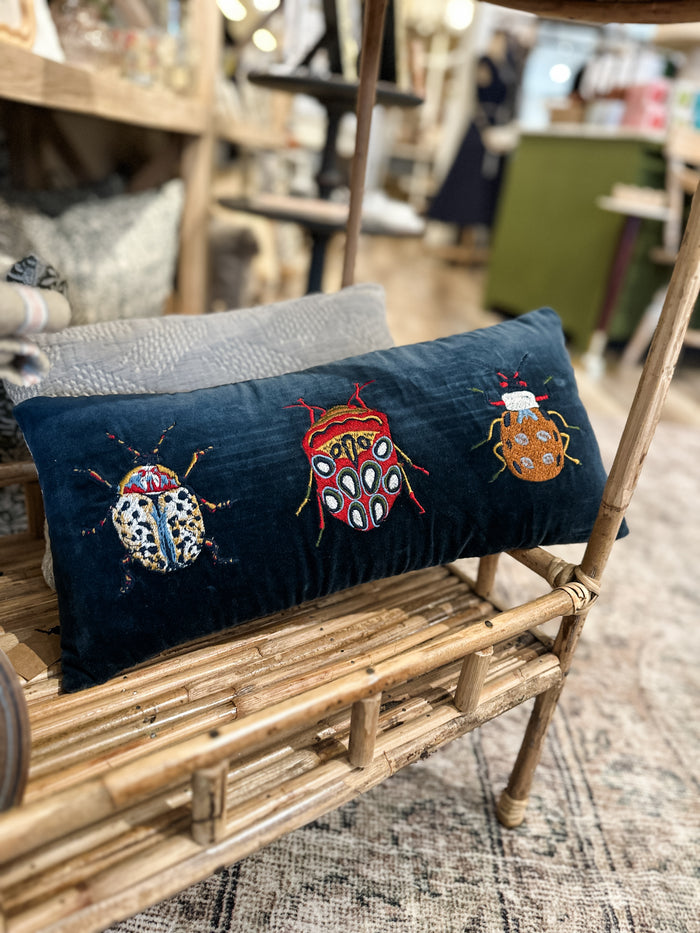 Cotton Velvet Embroidered Lumbar Pillow w/ Beetles & Chambray Back, Multi Color