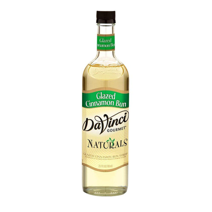 A bottle of DaVinci Gourmet Naturals Glazed Cinnamon Bun flavored syrup against a plain white background.