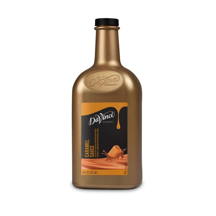 Front view of half gallon Davinci caramel sauce displayed on a white background