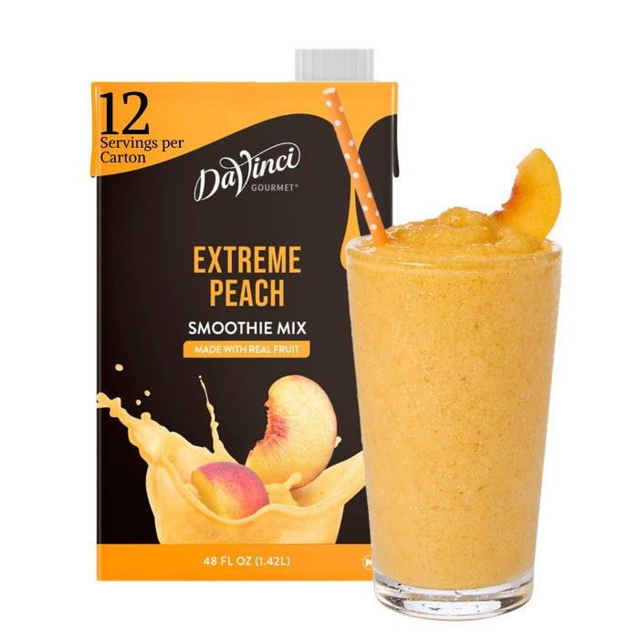A package of DaVinci Extreme Peach Smoothie Mix with a graphical representation of a smoothie glass and peach slices, indicating the flavor on white background