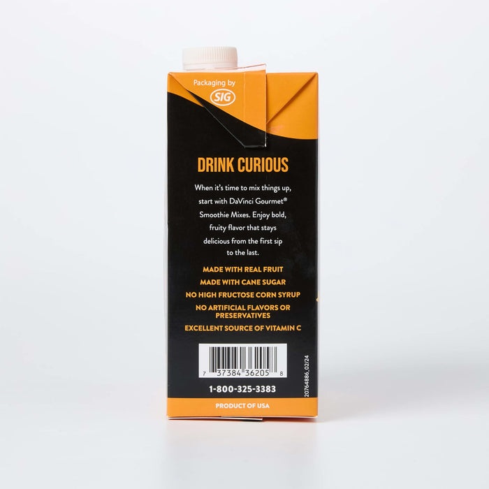 Side of packaging of Davinci fruit smoothie mix with ingredients and description on a white background
