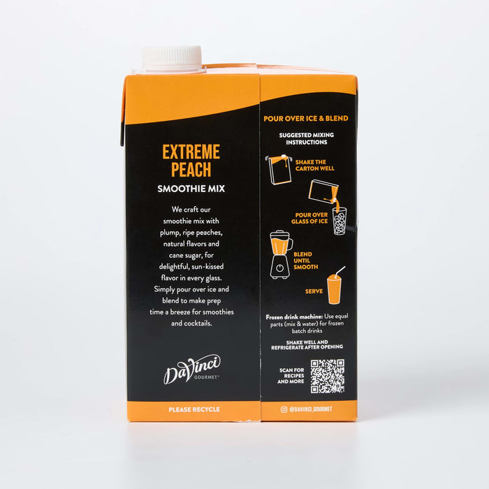 Back of packaging of Davinci Extreme Peach smoothie mix with suggested mixing instructions on white background