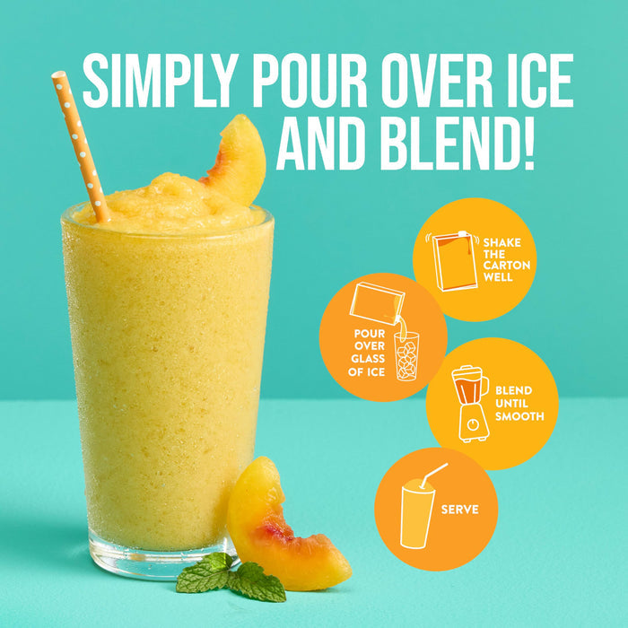 Glass cup with fruit smoothie mix with peach slices and straw with instructions and saying "Simply Pour Over Ice and Blend!" on an aqua background