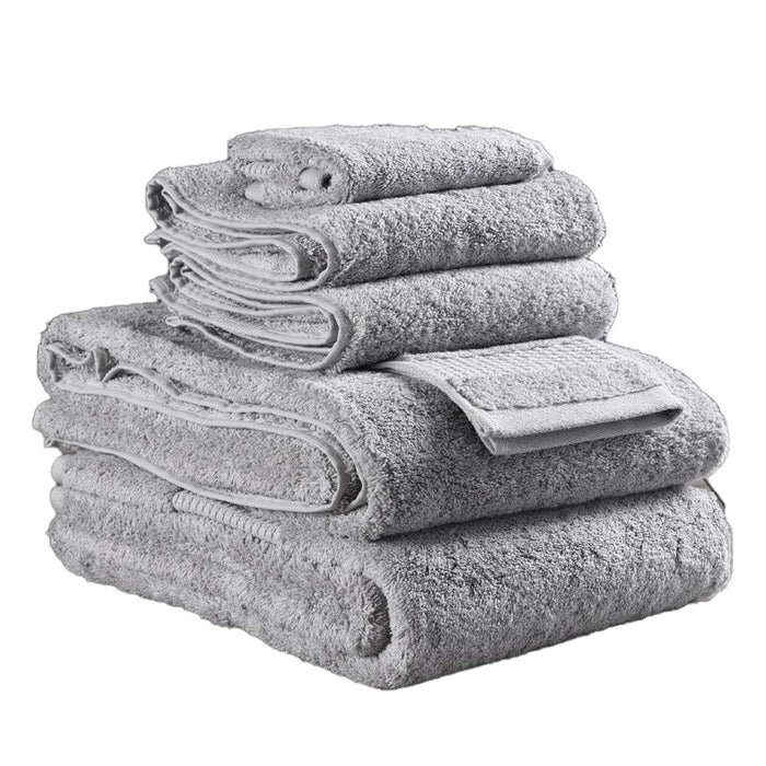6 piece folded light grey Delilah Home 100 organic cotton bath towels displayed on a white background