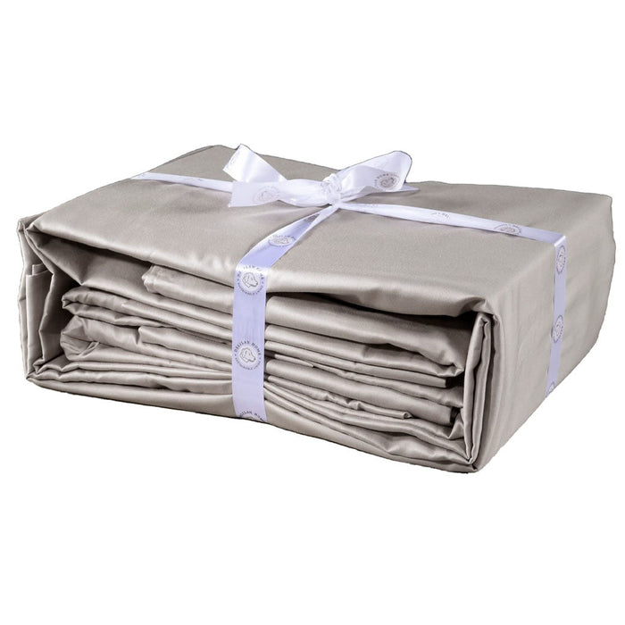A folded slate grey king Delilah Home 100% Organic Cotton Bed Fitted Sheet set tied with a ribbon, on a white background.