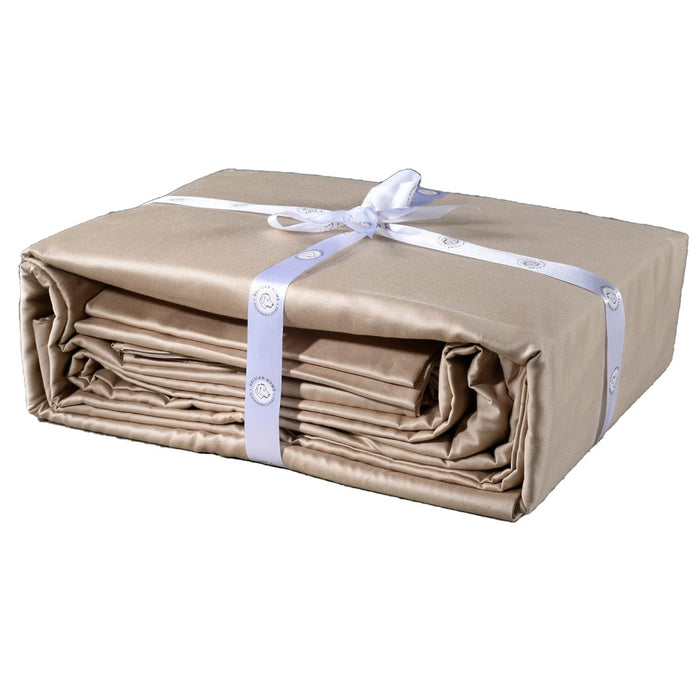 A folded beige queen Delilah Home 100% Organic Cotton Bed Fitted Sheet set tied with a ribbon, on a white background.