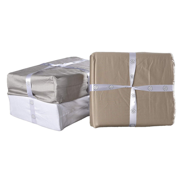 A folded white, slate gray, and beige Delilah home 100 organic cotton duvet cover tied with a ribbon, on a white background.