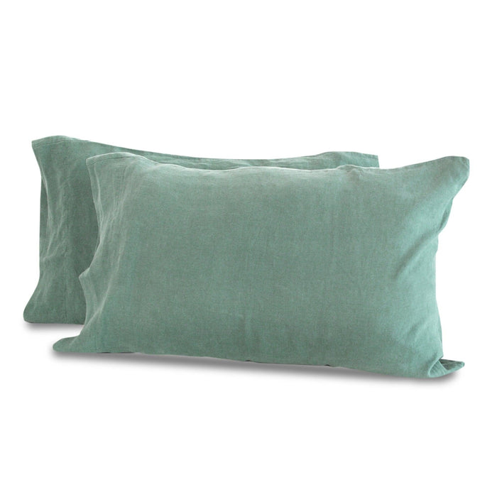 Set of 2 mineral green queen Delilah Home 100 organic hemp pillowcases displayed on a white background