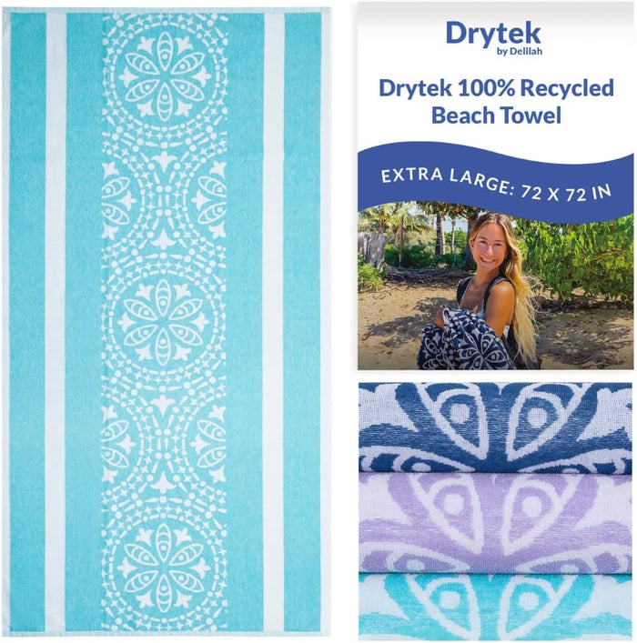 An extra large beach towel with a geometric pattern in shades of blue and white, displayed both folded and in use by a person at the beach.