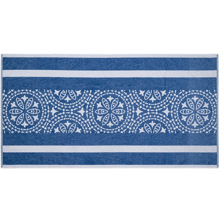 Blue and white patterned towel with geometric design