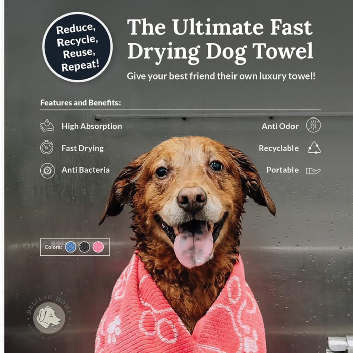 A dog towel with a paw pattern, featuring a smiling dog wrapped in the towel. The towel is pink and white, and the dog appears to be enjoying the drying process after a bath with features and benefits of the pet towel.