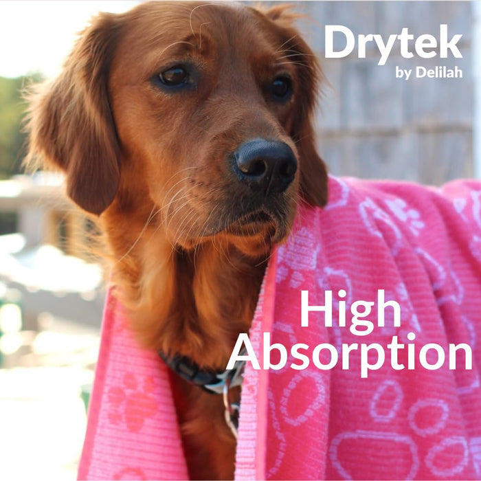 Pink Delilah home pet towel on a Golden Retriever with an outside setting with text saying "High Absorption" and "Drytek by Delilah"