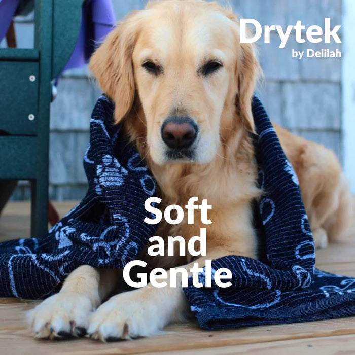 Black Delilah home pet towel on a golden retriever on a porch with text saying "Drytek by Delilah" on the top right corner and "Soft and Gentle" in the middle