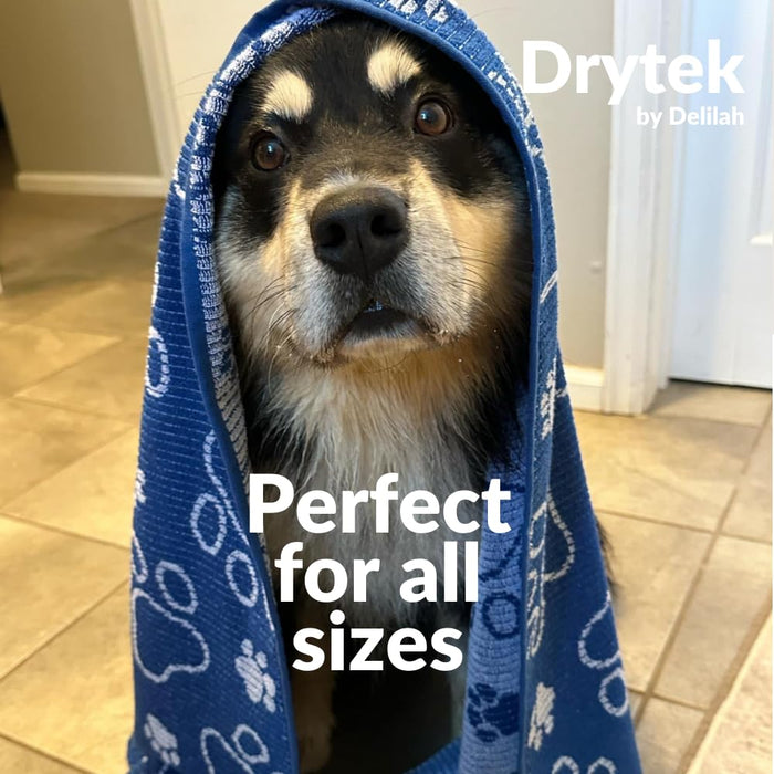 Navy Delilah home pet towel on a black and cream dog on a tile floor with text saying "Drytek by Delilah" on the top right corner and "Perfect for all sizes" in the middle