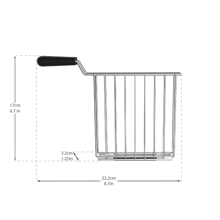 Metal sandwich cage with dimensions on a white background