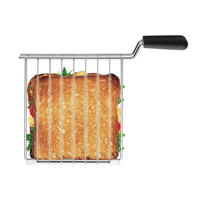 Metal sandwich cage with a grilled sandwich inside on a white background