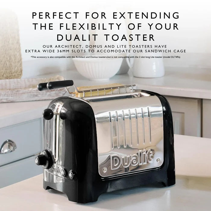 A black and chrome Dualit toaster sits on a kitchen counter with kitchen items blurred in the background. Large text at the top reads, 'PERFECT FOR EXTENDING THE FLEXIBILITY OF YOUR DUALIT TOASTER.