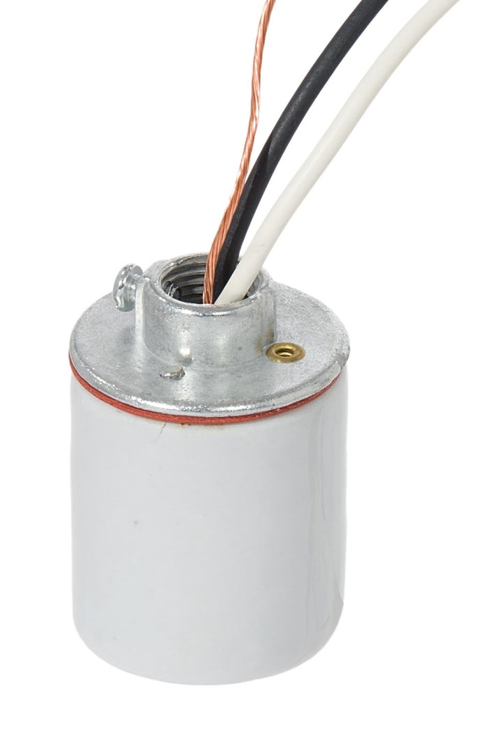 E-26 Keyless Glazed Porcelain Socket with 20" Wire Leads, Bare Ground Wire