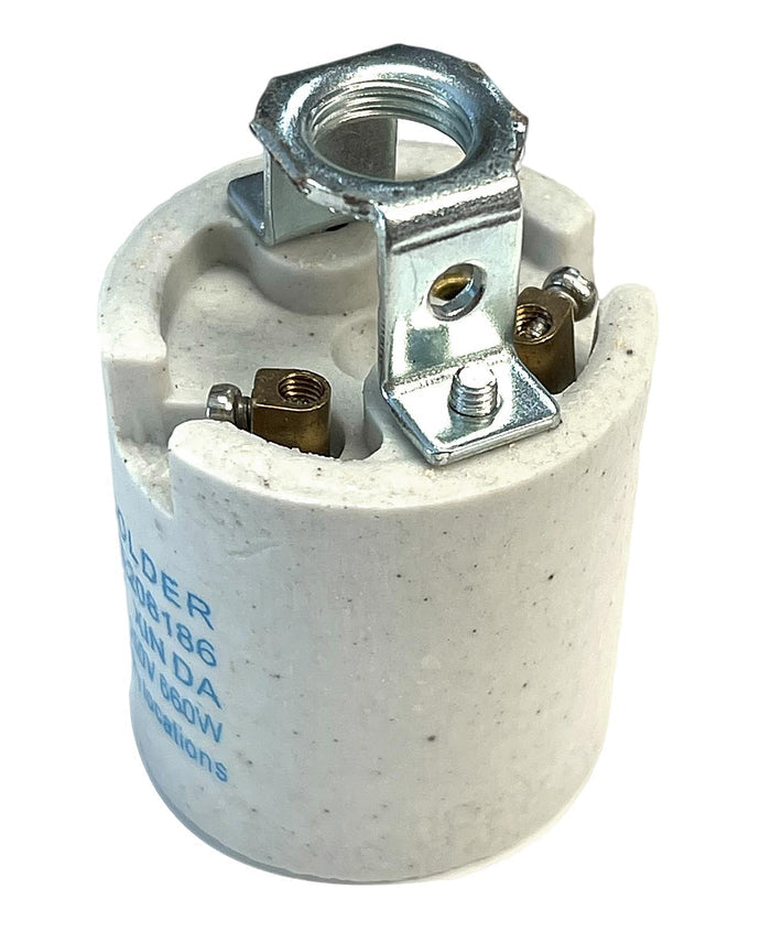 E26 Medium Porcelain Lamp Socket 1/8F, 1/2" Tall Metal Hickey & Easy Wire Terminals, 250V, 660W (48306)