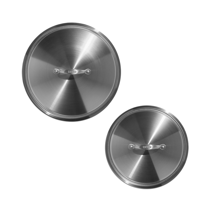 Two stainless steel pot lids with a brushed finish, one large and one small, displayed against a white background.