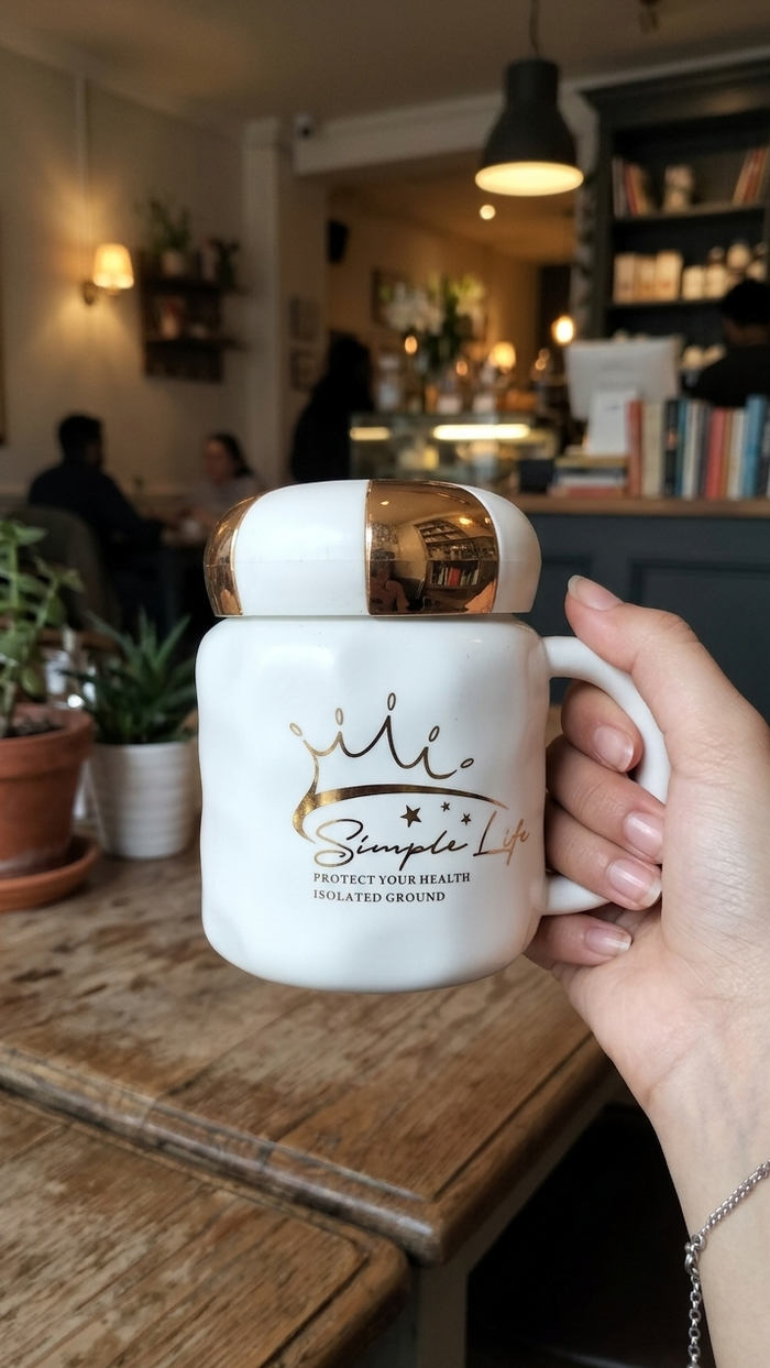 Elegant Royal Ceramic Mug with Gold-Striped Lid – 400ml Luxury Coffee & Tea Cup
