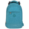 A sky blue EUME massager laptop backpack with two USB ports, designed to hold a 14-inch laptop and other essentials, featuring a front pocket and integrated back massager.
