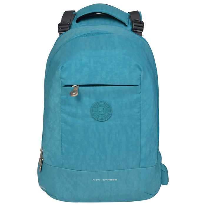 A sky blue EUME massager laptop backpack with two USB ports, designed to hold a 14-inch laptop and other essentials, featuring a front pocket and integrated back massager.