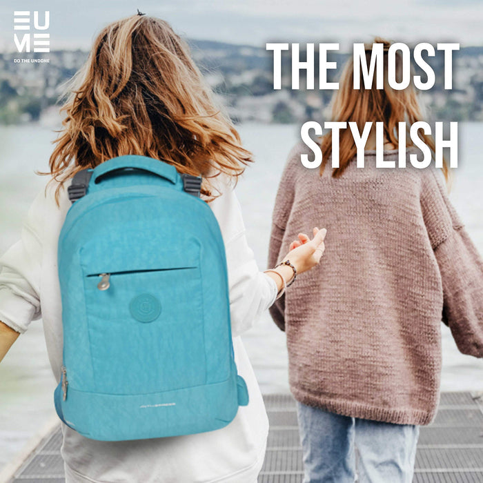 Sky blue Eume backpack on a lady's back with another lady walking in front of her in an outside setting with text "The Most Stylish"